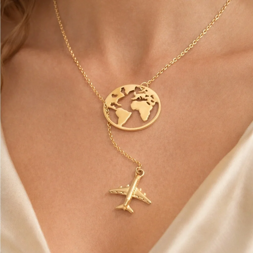 Traveller Airplane Gold World Map Necklace